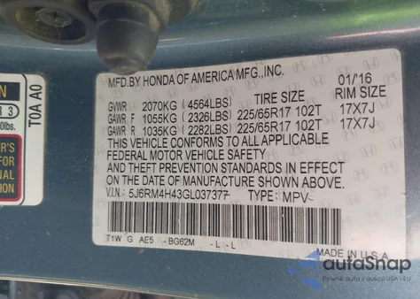 2016 Honda Cr-V Se из США, поврежденный, VIN 5J6RM4H43GL037377